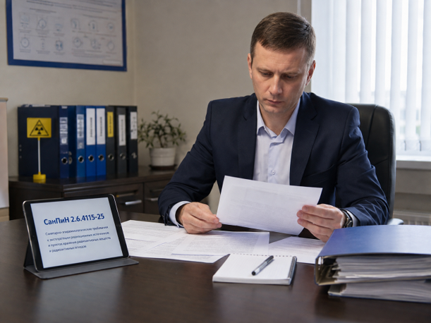 Специалист в деловом костюме изучает нормативные документы и планшет с текстом СанПиН 2.6.4115-25 на рабочем столе